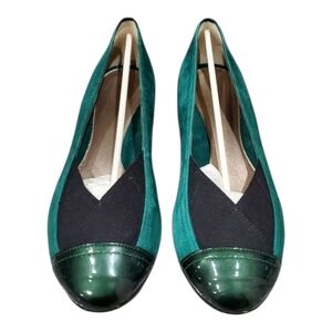 Ballet Flats Emerald Green Block Heel Suede‎ Leather Cap Toe Slip On Shoes